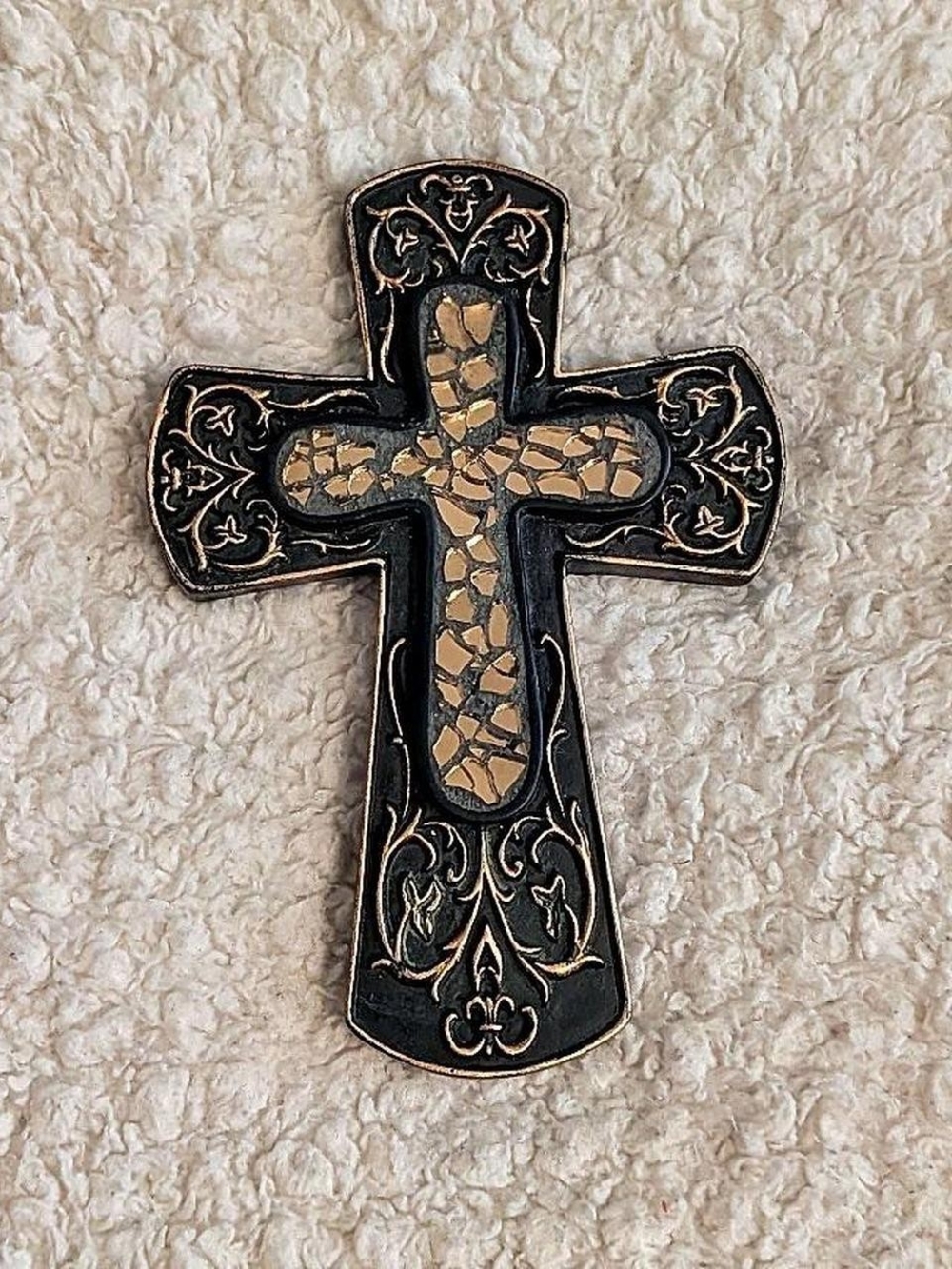 Decorative Black and Gold Mosaic Cross Wall Accent With Hanging Hook